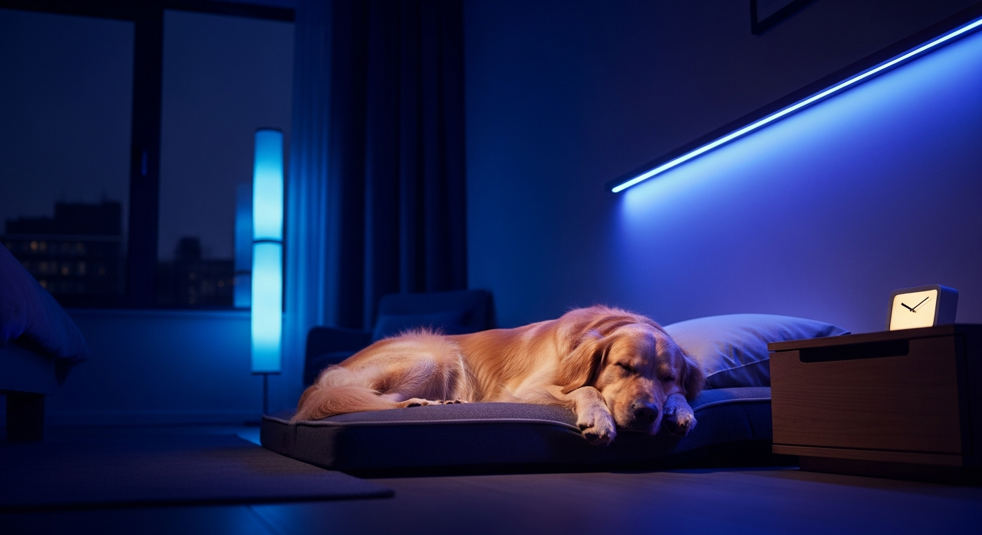 Happy, healthy dog resting calmly at home
